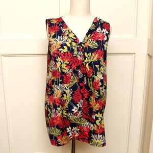 Banana Republic Floral Blouse Sleeveless Top Size L Tie Neck Navy Pink Tropical
